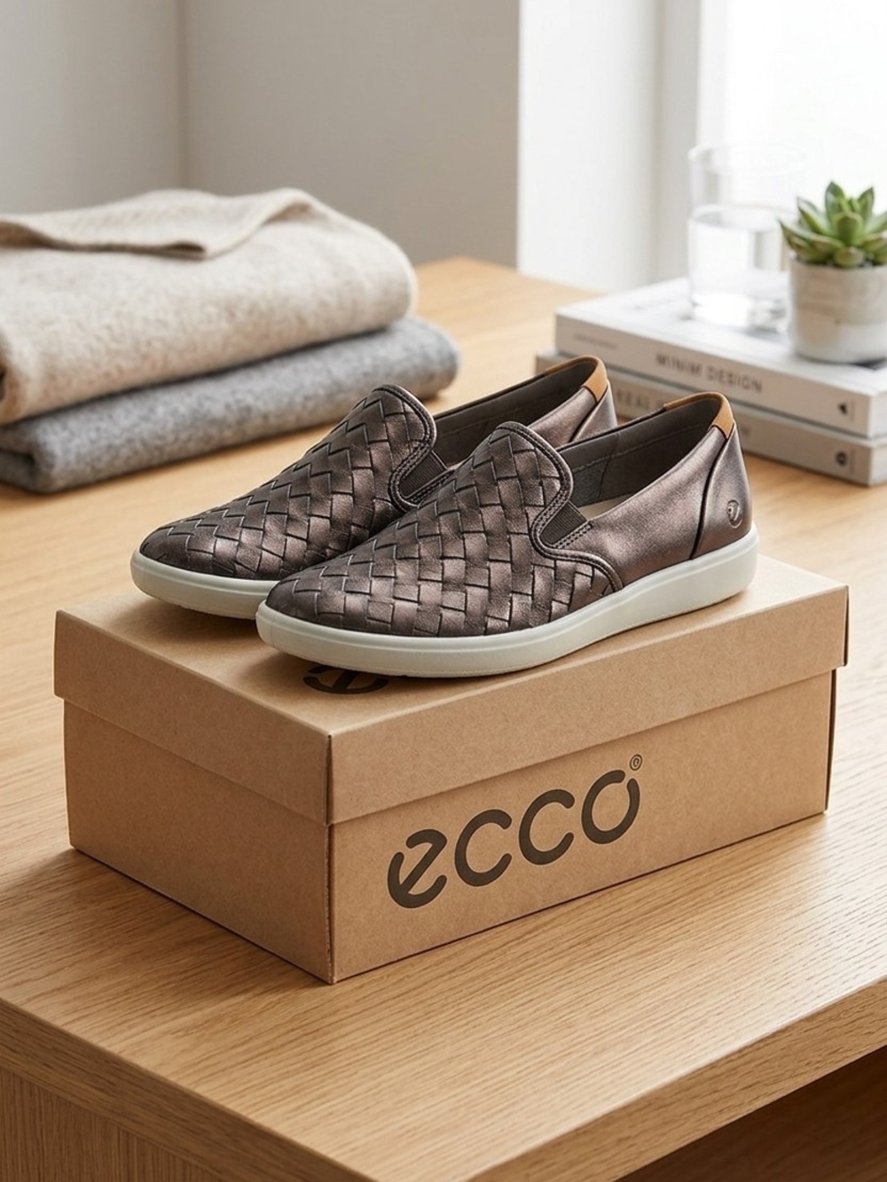 ECCO Men’s Slip-On Woven Leather Loafers — Metallic Brown